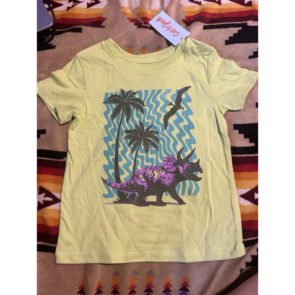Cat & Jack Boys 2T Dinosaur Triceratops Palm Tree Graphic T-Shirt Green NWT